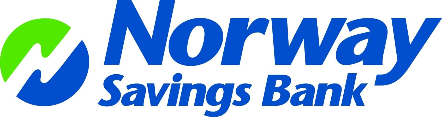 The logo of Norway Savings Bank features the bank's name in blue text. To the left is a circular emblem with a green and blue design representing the letter "N".