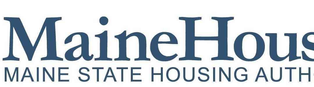 Logo of MaineHousing with the text "Maine State Housing Authority" written below it. To the left of the text, there is a graphic of a house and a pine tree inside a green circle.