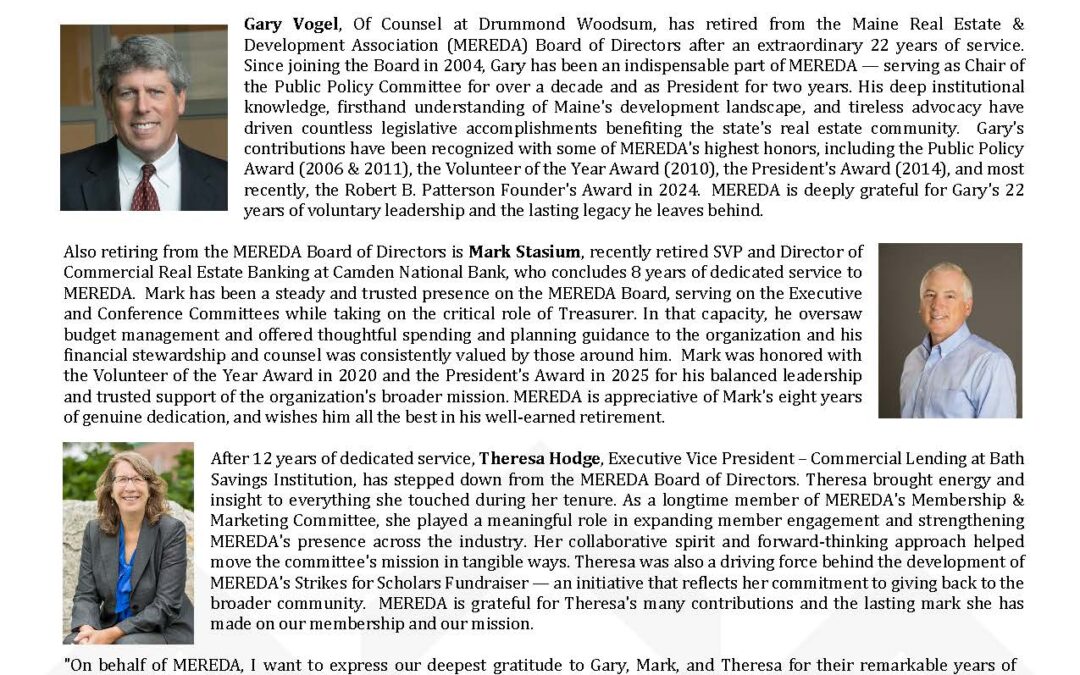 MEREDA Honors Three Retiring Board Members for Decades of Distinguished Service